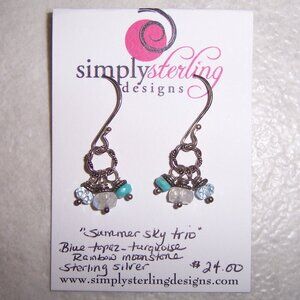 Sterling Silver Blue Topaz Turquoise Moonstone Dangle Earrings NEW